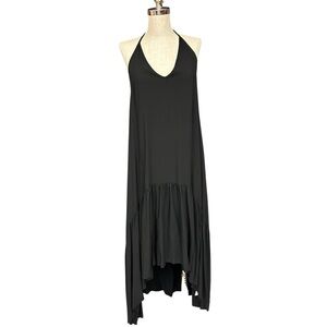 Black Halter Maxi Dress Open Back High Low Hem Rayon Size M/L